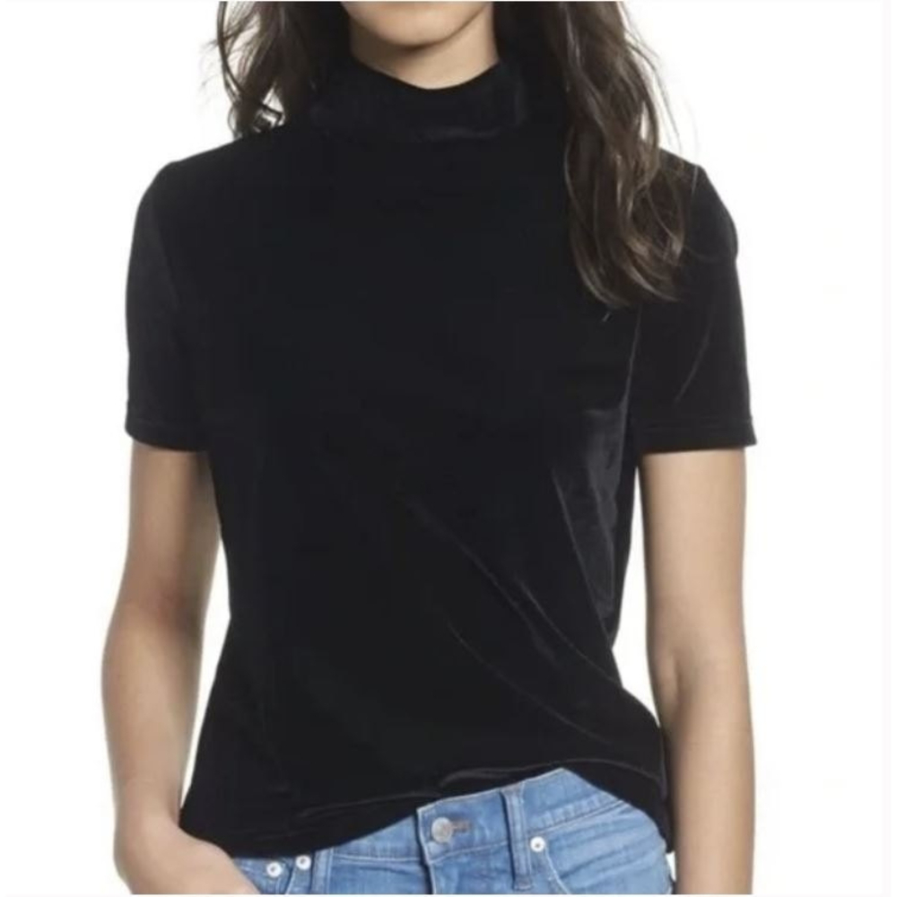Madewell Black Velvet Mock Neck Short Sleeve Top Shirt Blouse Size XXS
